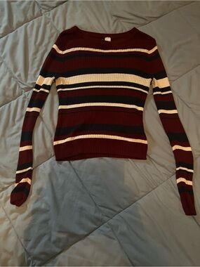Divided Striped Ribbed Crew Sweater - Burgundy, Black & Cream